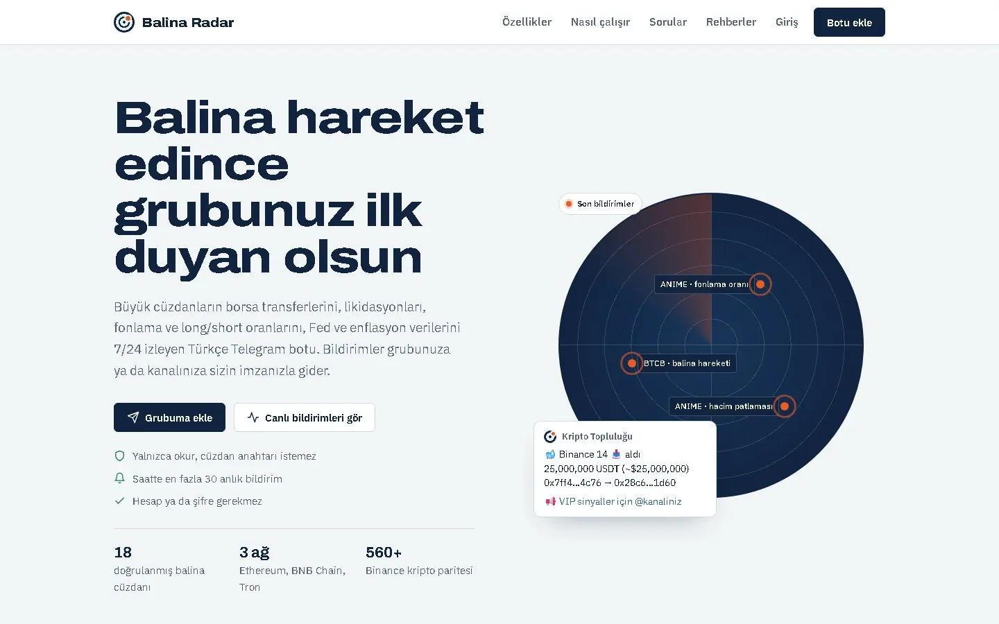 Balina Radar'ın ana sayfası